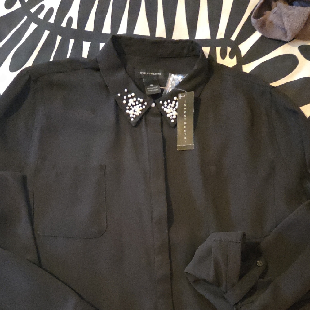 Beautiful Matte Black Dressy Blouse With White Pearl Trim On Collar